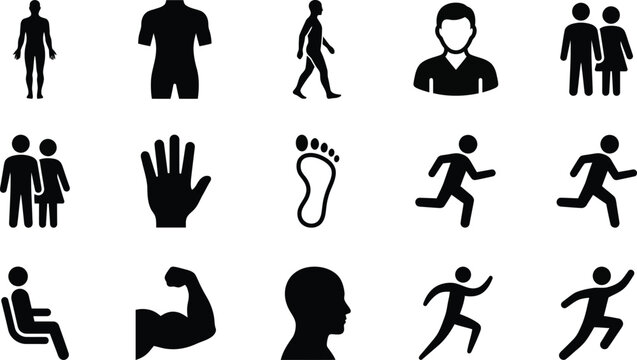 Black silhouette human body icons set.