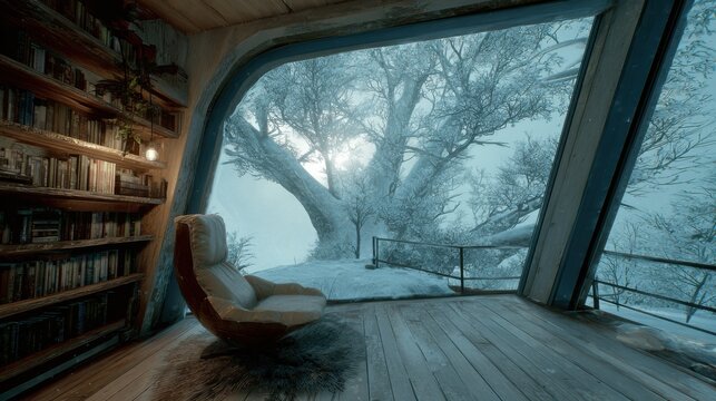 Treehouse reading nook. Plush chair. Book shelf. Snowing outside. Futurist minimalist
