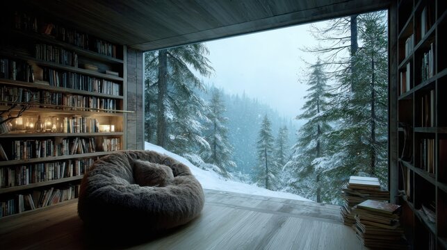 Treehouse reading nook. Plush chair. Book shelf. Snowing outside. Futurist minimalist
