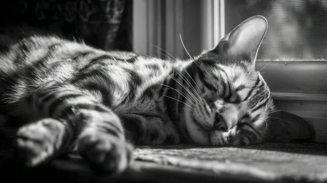 A contented house cat basking in a window's sunlight.
