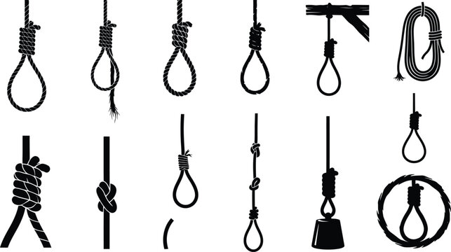Haunted execution ropes vector collection featuring spooky gallows noose knots isolated on a clean white backdrop