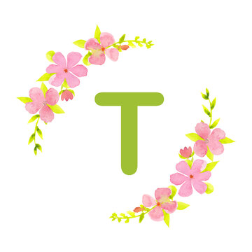 Watercolor floral letter T with pink flowers and green leaves. Hand painted botanical alphabet isolated on white for monograms, wedding stationery, invitations, nursery decor and spring designs.