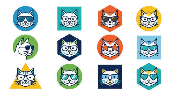 Hipster cat avatars set with cool kittens wearing stylish glasses and sunglasses in colorful geometric frames