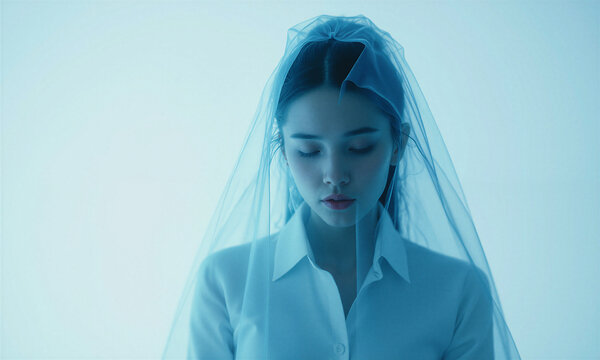 Woman veil blue. A young woman with closed eyes wearing a translucent blue veil and white shirt in a melancholic setting