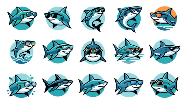 Collection of Cool Cartoon Sharks Wearing Sunglasses Mascot Logos for Summer Beach and Marine Designs