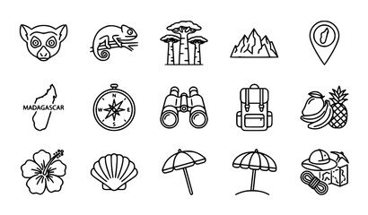 Madagascar nature adventure and wildlife outline icon set with editable stroke vector design © Mdanowrul