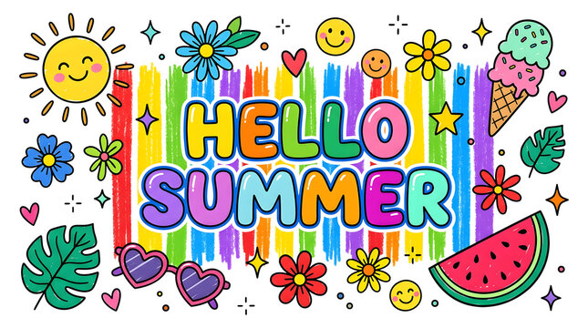 Colorful Hello Summer Typography with Cute Doodle Elements, Rainbow Marker Background, Watermelon, Ice Cream, Smiley Faces and Floral Clipart for Kids, T-Shirt, Stickers and Sublimation Design