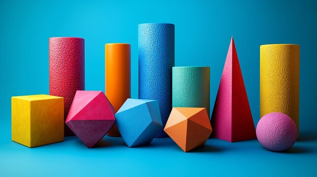 Colorful geometric shapes on blue background; abstract design for education