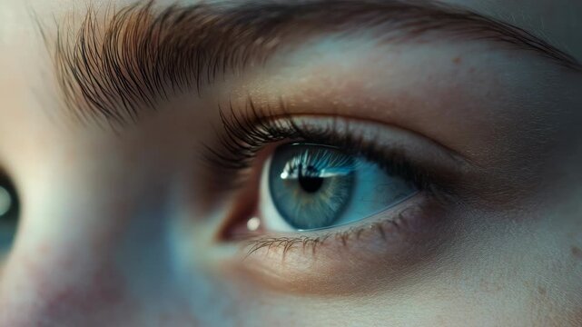 A detailed look at a human eye with blue iris and black pupil. The person's eyelashes are prominent in the .