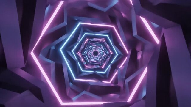 Futuristic geometric tunnel with glowing neon blue and pink hexagonal and star-shaped layers receding into darkness