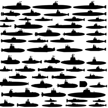 Collection of 24 black silhouette submarines arranged in a 6x4 grid on a white background, showcasing various designs and sizes. The submarines are depicted in a minimalist, vector illustration sty...