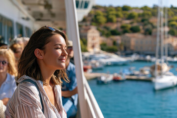 Fototapeta premium A woman enjoys a peaceful moment on a ferry as she admires the coastal views, encapsulating the essence of freedom, adventure, and the beauty of nature.