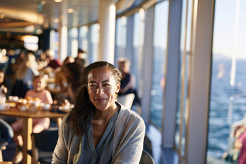 Fototapeta premium A joyful woman sitting in a vibrant dining area aboard a ship, surrounded by fellow diners and a beautiful ocean view during a sunny meal, radiating happiness and warmth.