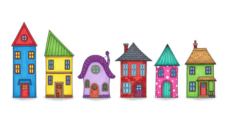 Fototapeta premium Collection of cute colorful cartoon houses with whimsical designs, isolated on white background, playful neighborhood illustration