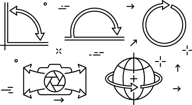 Panoramic camera view and 360 degree rotation thin line icon set featuring globe axis and angle arrows