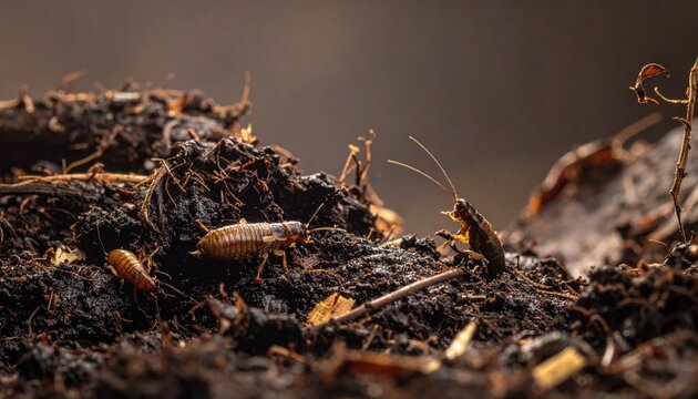 Two Earwigs with Distinctive Pincers Exploring a Damp Compost Heap