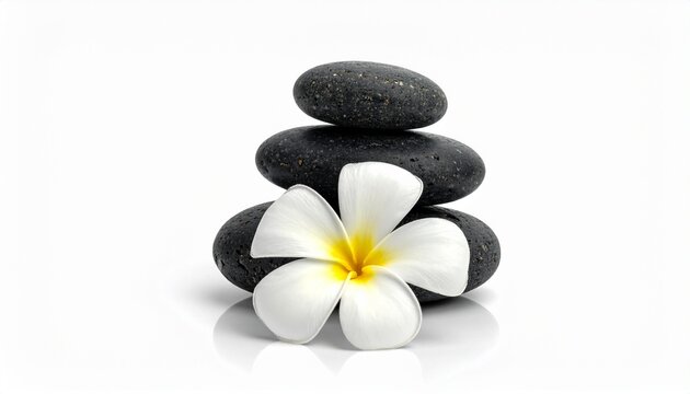 Premium white kamboja flower and balanced pebble pyramid, calm background for beauty salon and meditation spa