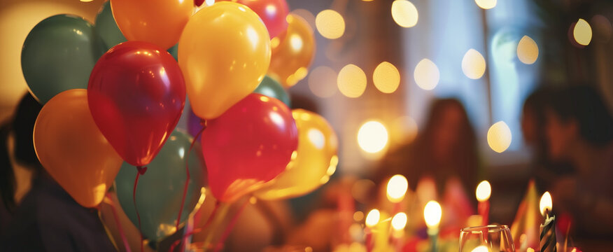 A group of colorful party balloons including red and yellow clusters floats against a backdrop of glowing candles and blurred people celebrating a birthday.