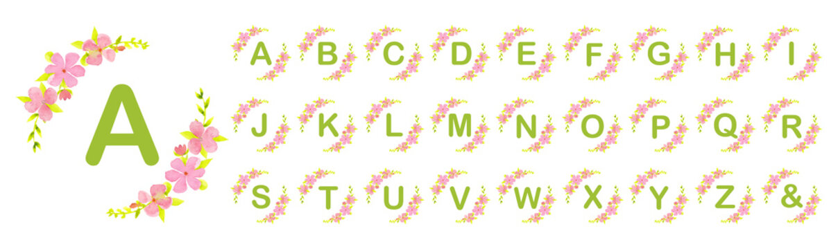 Complete watercolor floral alphabet collection with uppercase letters A to Z and ampersand decorated with pink flowers and green leaves. Hand painted botanical alphabet isolated on white for monograms