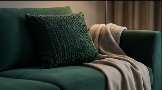 Lush Green Velvet Sofa: Textured Pillow & Cozy Throw Blanket Design