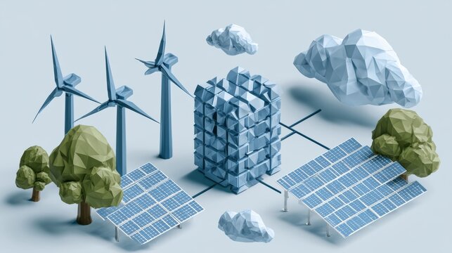 Wind turbines and solar panels are seen connected to a geometric data center in a simple low poly design with flat colors and clean lines
