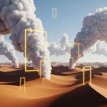 Smoke plumes rise over desert landscape with geometric shapes