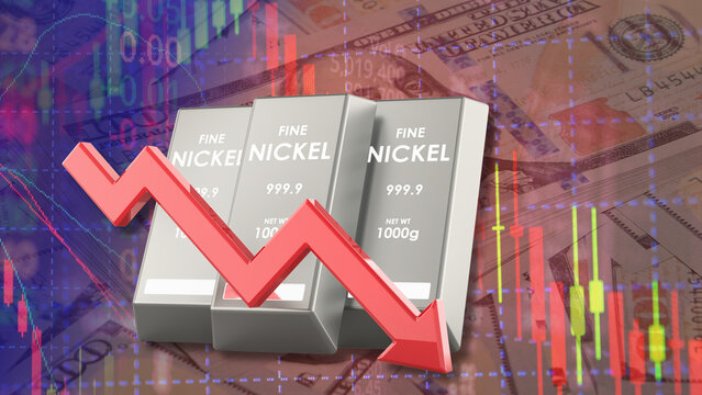 The financial relationship between the US dollar, nickel commodity value, nickel price fluctuations, and global market demand. Illustrated with nickel bars, a volatile downward red arrow, US dollar
