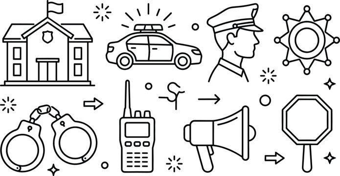 Law enforcement and police department line icon set featuring station car officer badge handcuffs walkie talkie megaphone