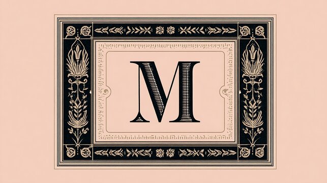 An ornate vintage initial letter M is displayed in a classic decorative frame. Ideal for elegant editorial typography.