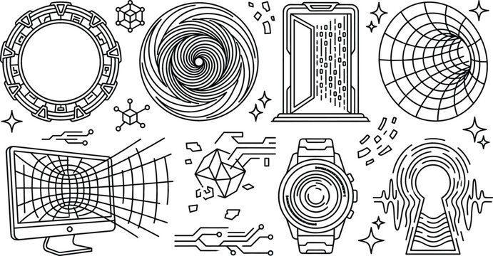Sci fi portal and time travel line icon set featuring stargate wormhole vortex matrix door and cyber grid