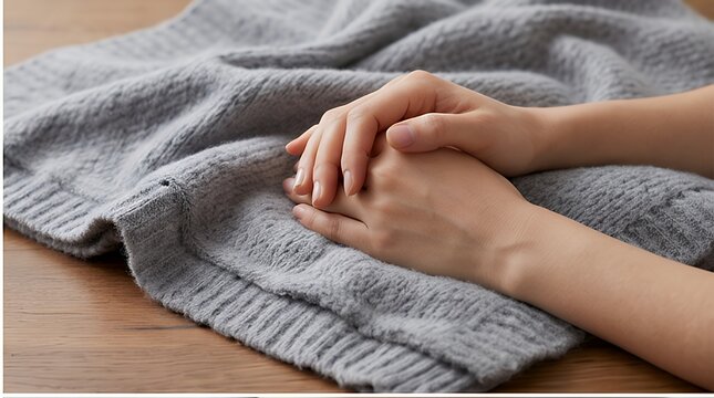 Serene Hands Resting on Soft Gray Knit Blanket: Cozy Winter Comfort
