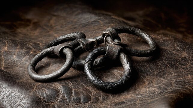 A close-up macro photograph of a textured metal chain with rustic forged links lying on a distressed leather surface.