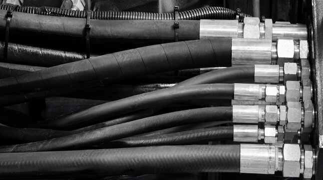 Close-up of black-and-white hydraulic hoses with steel reinforcement and fittings connected to an industrial machine.