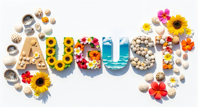 Creative august text design made of sea shells sunflowers and tropical flowers for seasonal.