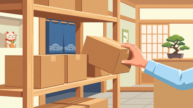 Hand holding cardboard box in Japanese wooden interior with traditional decor