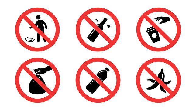 Set of six prohibition signs displaying various littering activities including dropping trash and plastic bottles within circular red crossed out borders depicting strict restricted public environment
