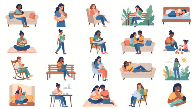 Collection of illustrations depicting diverse mothers breastfeeding their babies in various everyday settings, promoting maternal care and bonding.