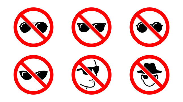Six black icons of various sunglasses and hats enclosed in red circular prohibition signs representing restricted items or forbidden apparel styles presented in a high contrast flat design on transpar
