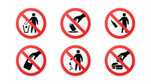 Set of six circular prohibition signs featuring various no littering and anti pollution icons depicted in a clean flat graphic vector style isolated for design projects on transparent background.