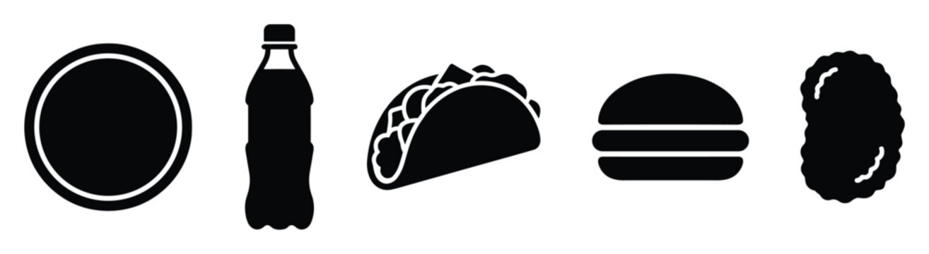 Set of food icons featuring popular fast food items like a burger, taco, pizza, soda bottle, and fried snack, suitable for restaurant menus and digital application interfaces.