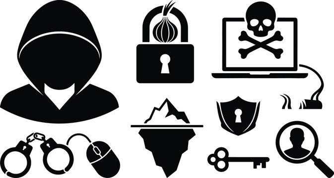 Cyber crime and dark web hacker glyph icon set featuring computer virus malware onion lock and iceberg