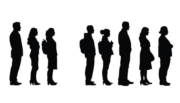 People standing in a row form a long queue of individuals waiting for an important appointment.