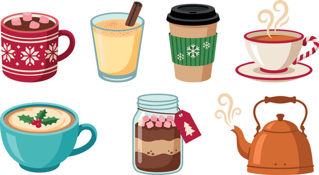 Cozy winter hot drinks coffee tea cocoa and eggnog vector cartoon icon collection set on transparent background