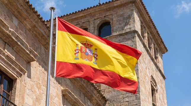 Waving Spanish flag on a metal pole against an old stone building facade