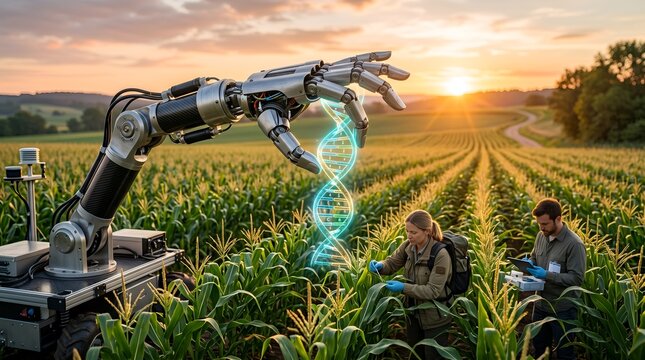 Robotic hand releasing DNA helix in cornfield at sunset