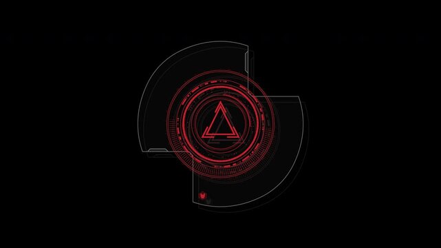 Futuristic red glowing circular interface element with triangular center.