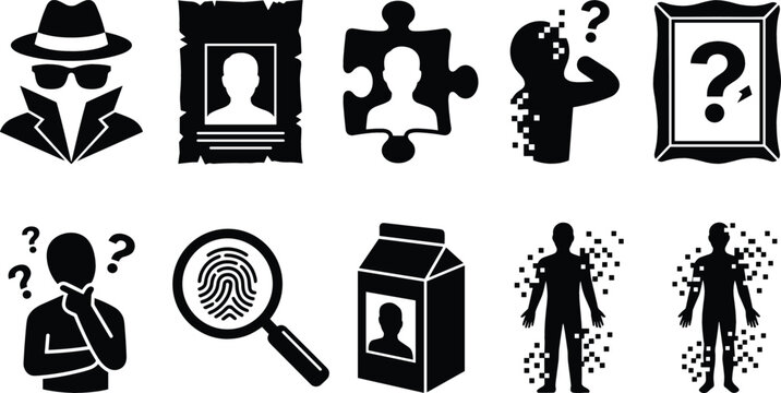 Missing person and forensic investigation glyph icon set featuring detective fingerprint puzzle piece suspect and wanted poster