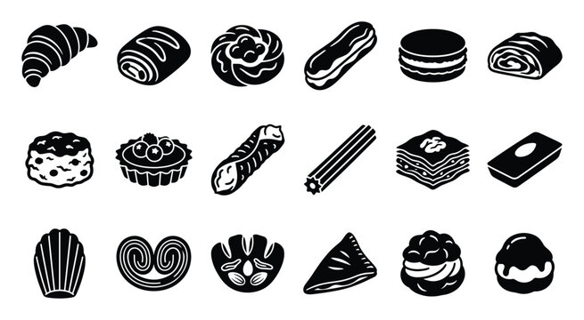 Set of delicious bakery icons including croissant eclair macarons and various sweet desserts perfect for menu design food blogs and confectionery branding