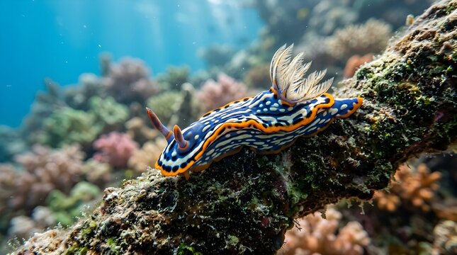 Close-up of a vibrant Nudibranch sea slug on coral reef underwater