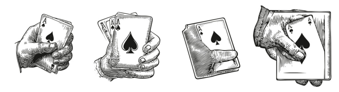 Hands Holding Playing Cards in Various Positions Artistic Illustration, Logo Design, Hand drawing Engraving, Vector Illustration Isolated Object